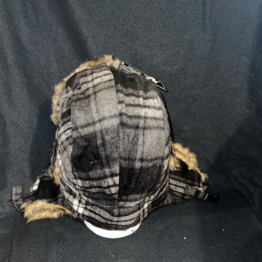 NWT Gray & Black Trooper Plaid Bomber faux fur Aviator Hat one size unisex